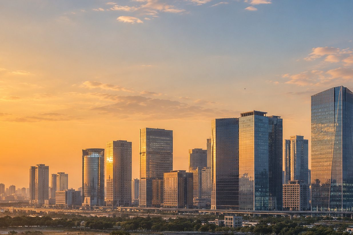Glass office towers at sunrise